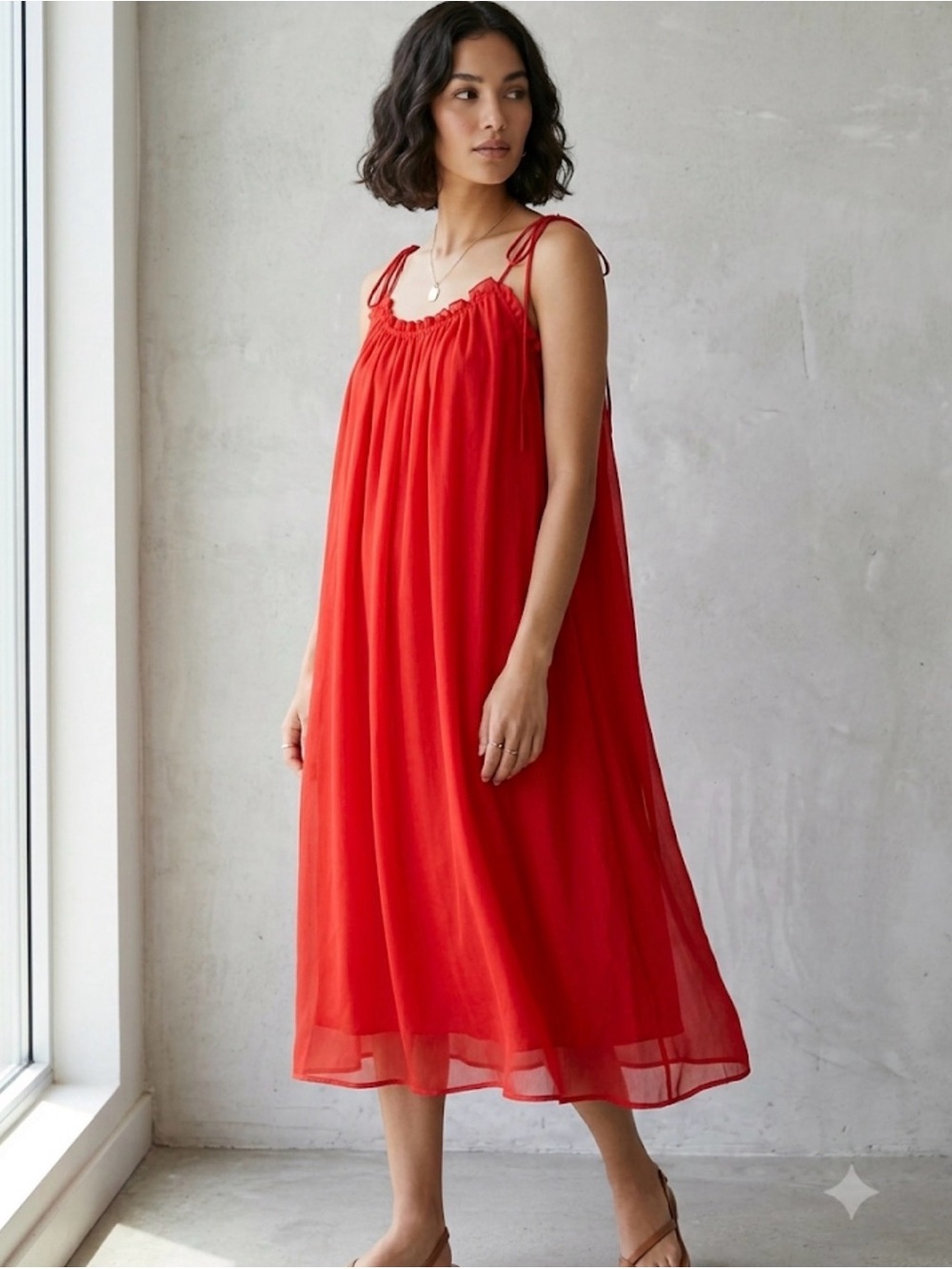 Scotch & Soda Red Tie-Shoulder Midi Chemise